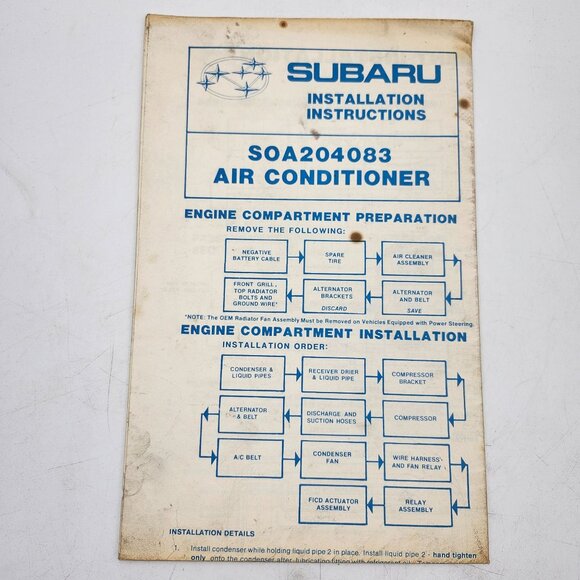 Subaru Air Conditioner Installation Instructions Manual SOA204083 - Picture 1 of 1